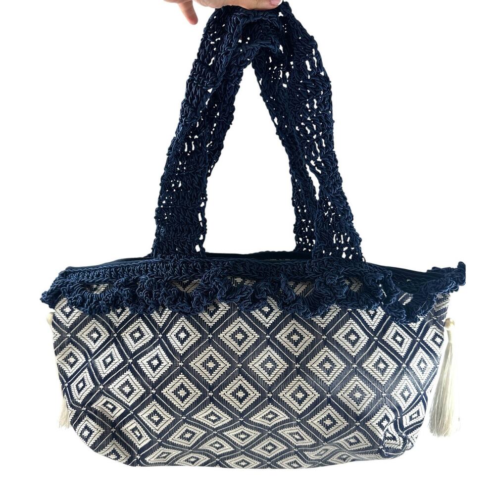 IL GIARDINO DI PIPPO Blue White Woven Tote Bag Tassel Macrame Handles Large - Picture 4 of 10